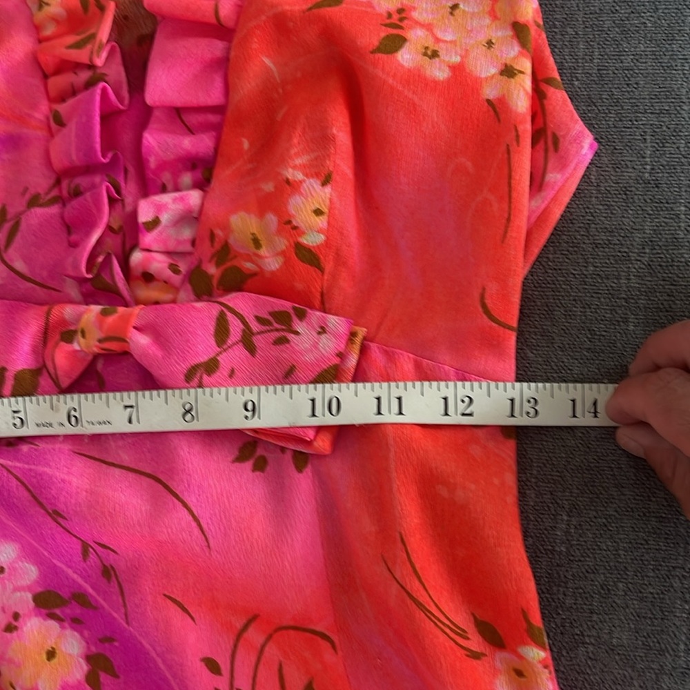 VTG Mildred's Hawaii Dress Barkcloth/Bright Neon Floral Ruffled Bow 60s 70s - Picture 13 of 14